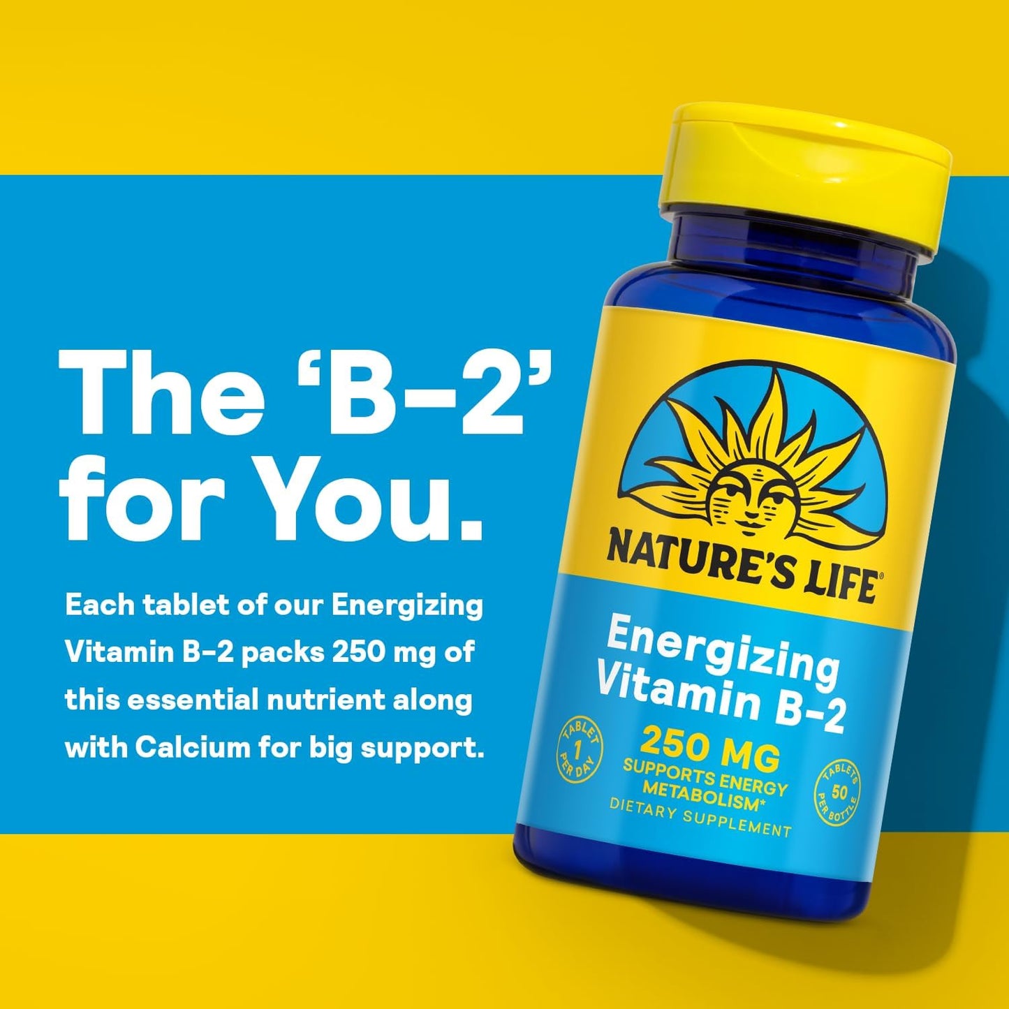 High-Potency Nature's Life Vitamin B-2 250mg Energy Pills with Calcium - Metabolism Support - 50 Servings