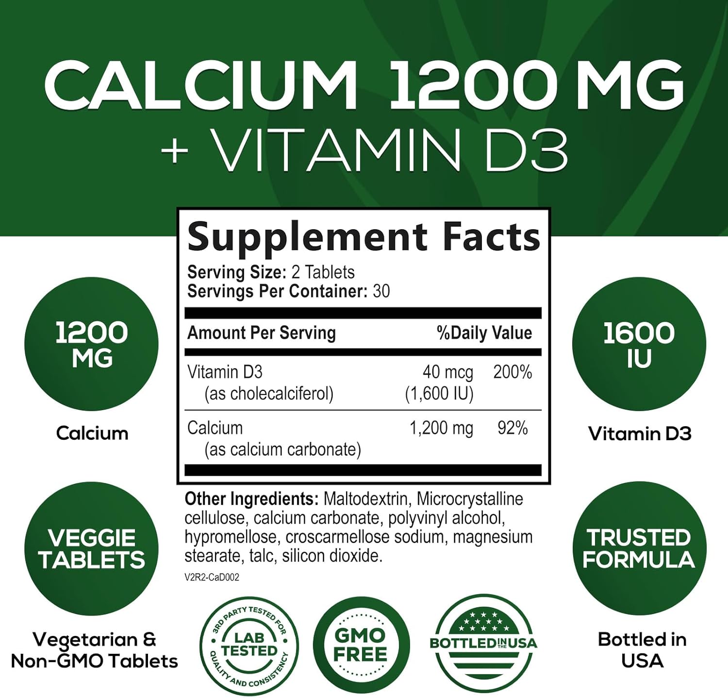 High Potency Nature's Peak Calcium Supplement with Vitamin D3 for Bone, Teeth, and Immune Health - 60 Tablets