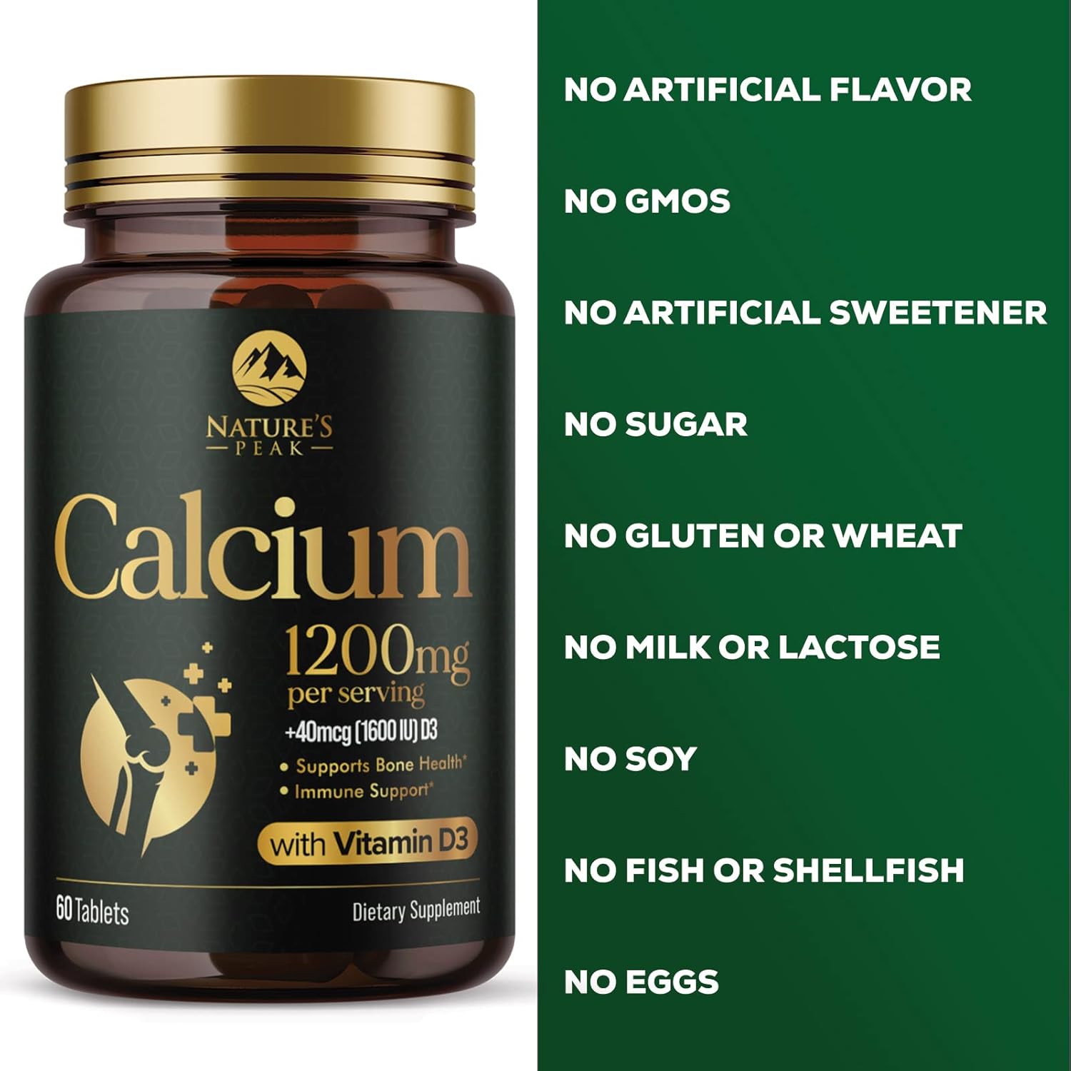 High Potency Nature's Peak Calcium Supplement with Vitamin D3 for Bone, Teeth, and Immune Health - 60 Tablets