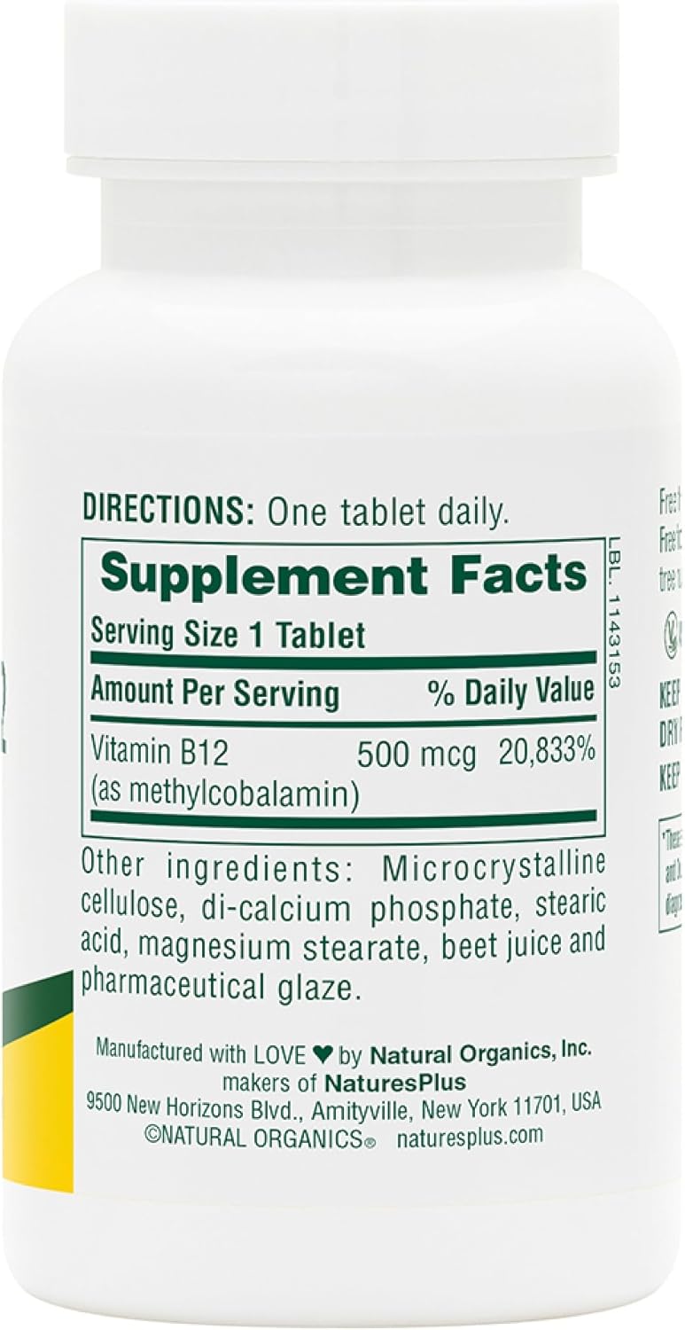 High Potency Natures Plus Vitamin B12 (Methylcobalamin) Tablets - 500 mcg, 90 Vegetarian, Gluten-Free Capsules - Supports Red Blood Cells, Boosts Energy, Overall Health - 90 Servings