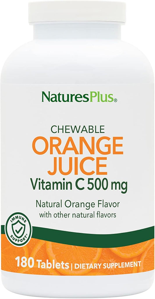 High Potency NaturesPlus Orange Juice Chewable Vitamin C - 500mg, 180 Tablets - Immune Support & Antioxidant - Vegetarian & Gluten-Free - 180 Servings