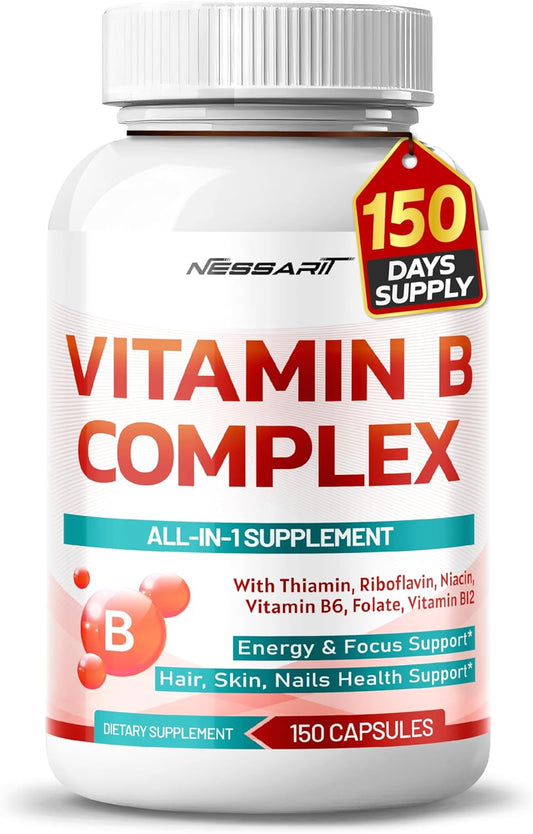 High Potency NESSARIT Vitamin B Complex Supplement for Energy, Focus, Hair, Skin, Nails Support - 150 Count - Made in the USA