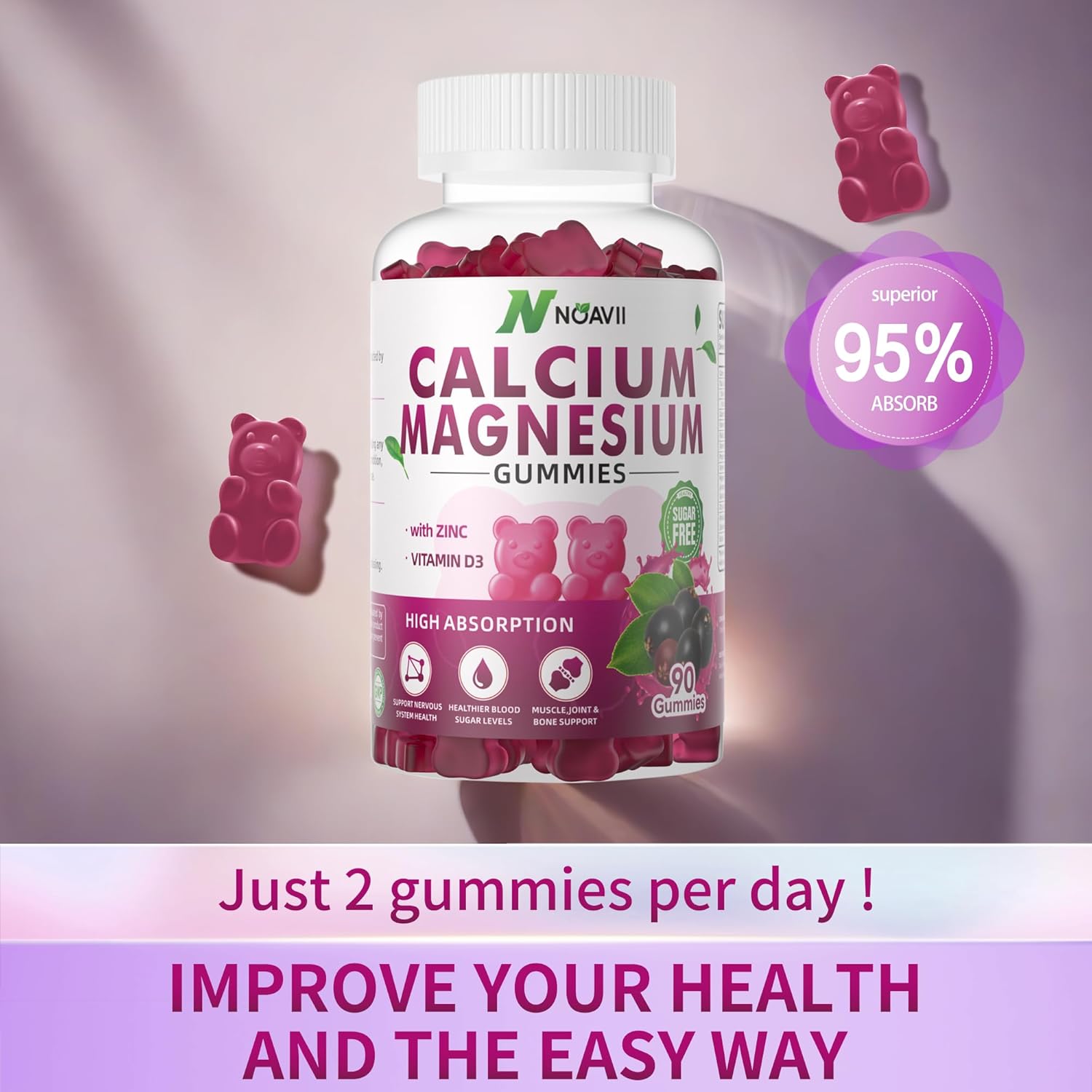 High Potency NOAVII Elderberry Flavored Gummies with Calcium, Magnesium, Zinc, Vitamin D3, and Ashwagandha - 90 Count for Enhanced Absorption