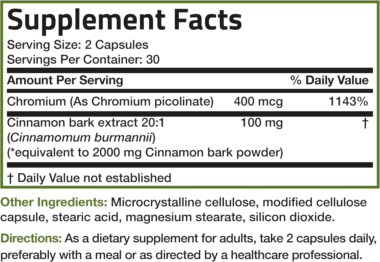 High Potency Non-GMO Cinnamon Plus Chromium Picolinate Supplement, 60 Vegetarian Capsules