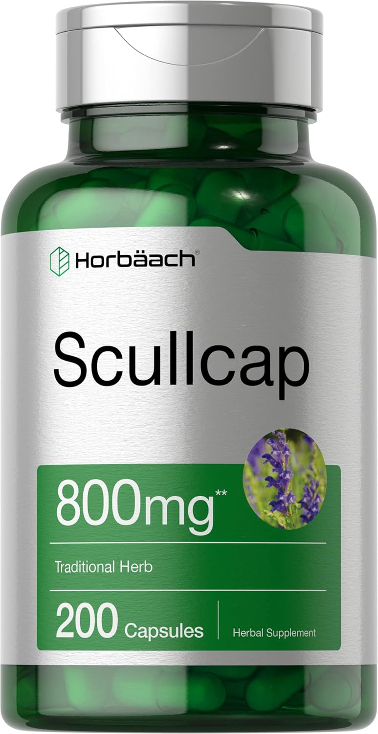 High Potency Non-GMO Scullcap Capsules - 800mg, 200 Count - Gluten Free Supplement with Scutellaria Baicalensis