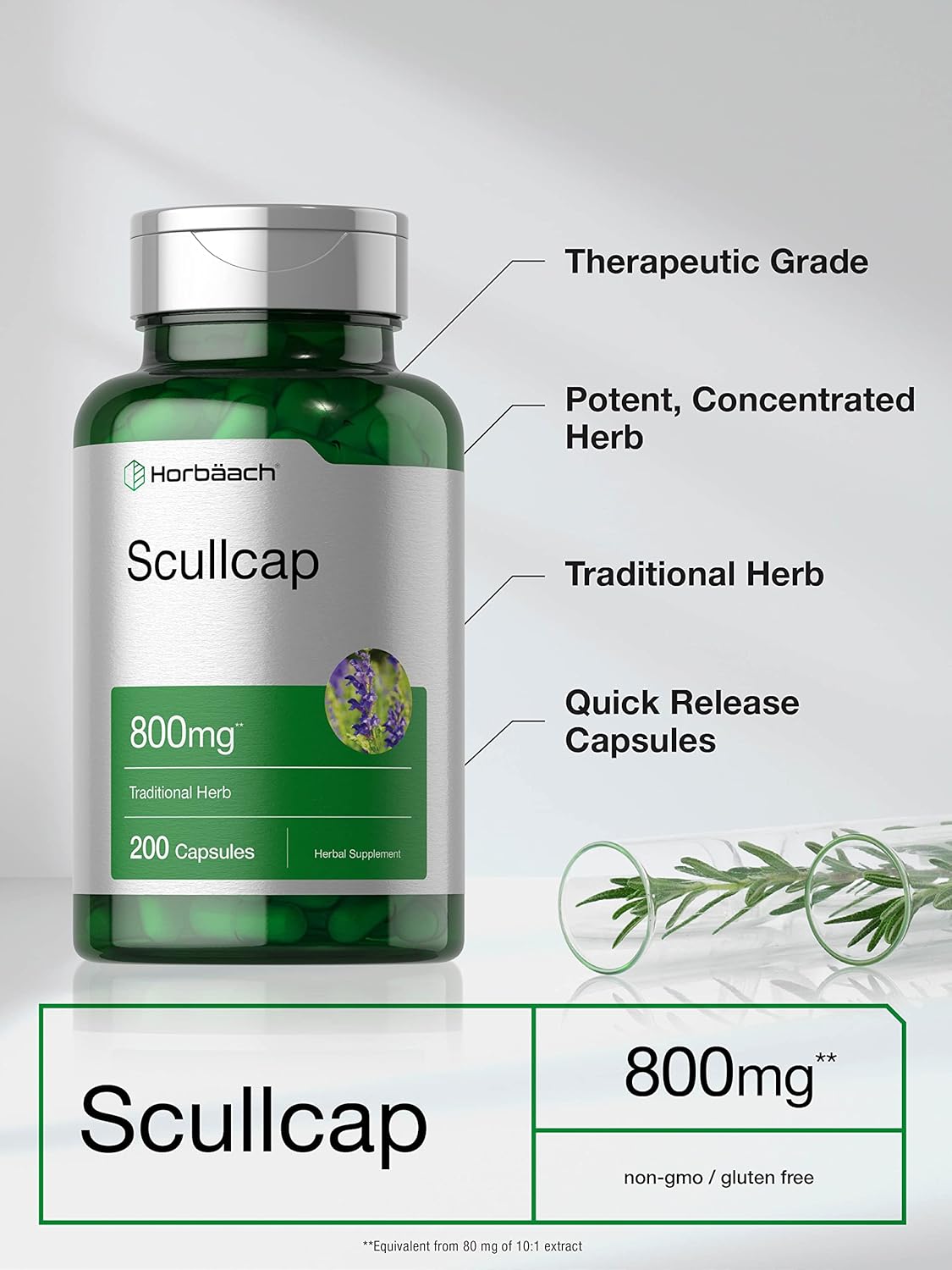 High Potency Non-GMO Scullcap Capsules - 800mg, 200 Count - Gluten Free Supplement with Scutellaria Baicalensis