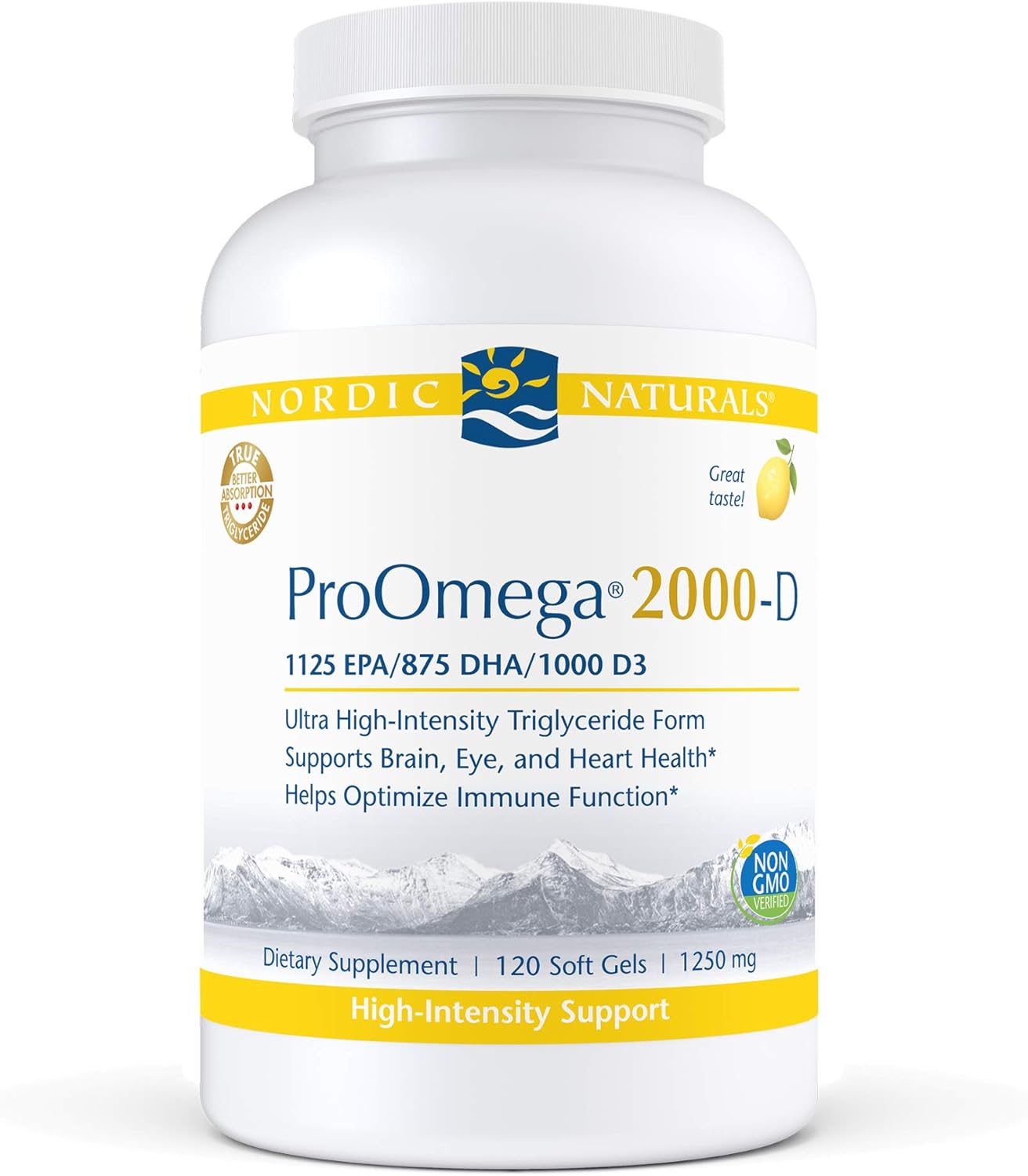 High-Potency Nordic Naturals ProOmega 2000-D Soft Gels - Lemon Flavor - Omega-3 + D3 for Brain, Heart, Joint, & Immune Health - 120 Count
