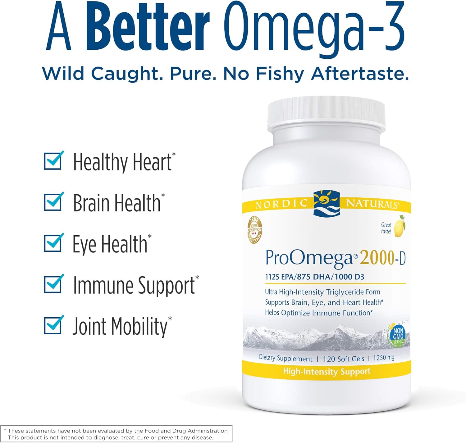 High-Potency Nordic Naturals ProOmega 2000-D Soft Gels - Lemon Flavor - Omega-3 + D3 for Brain, Heart, Joint, & Immune Health - 120 Count