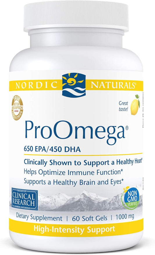High Potency Nordic Naturals ProOmega Lemon Fish Oil Soft Gels - 60 Count - 1280mg Omega-3 EPA & DHA for Heart, Brain, Eye, & Immune Health - Non-GMO - 30 Day Supply