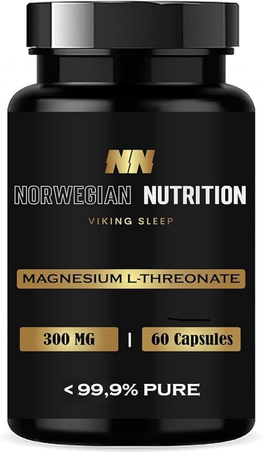 High Potency Norwegian Nutrition Magnesium L-Threonate Capsules - 60 Count, 300MG Each - Improve Sleep, Focus, Memory & Cognitive Function - 99.9% Pure, Gluten Free - Superior Quality!
