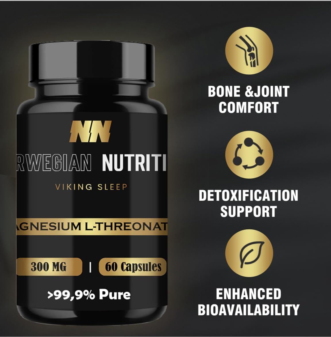 High Potency Norwegian Nutrition Magnesium L-Threonate Capsules - 60 Count, 300MG Each - Improve Sleep, Focus, Memory & Cognitive Function - 99.9% Pure, Gluten Free - Superior Quality!