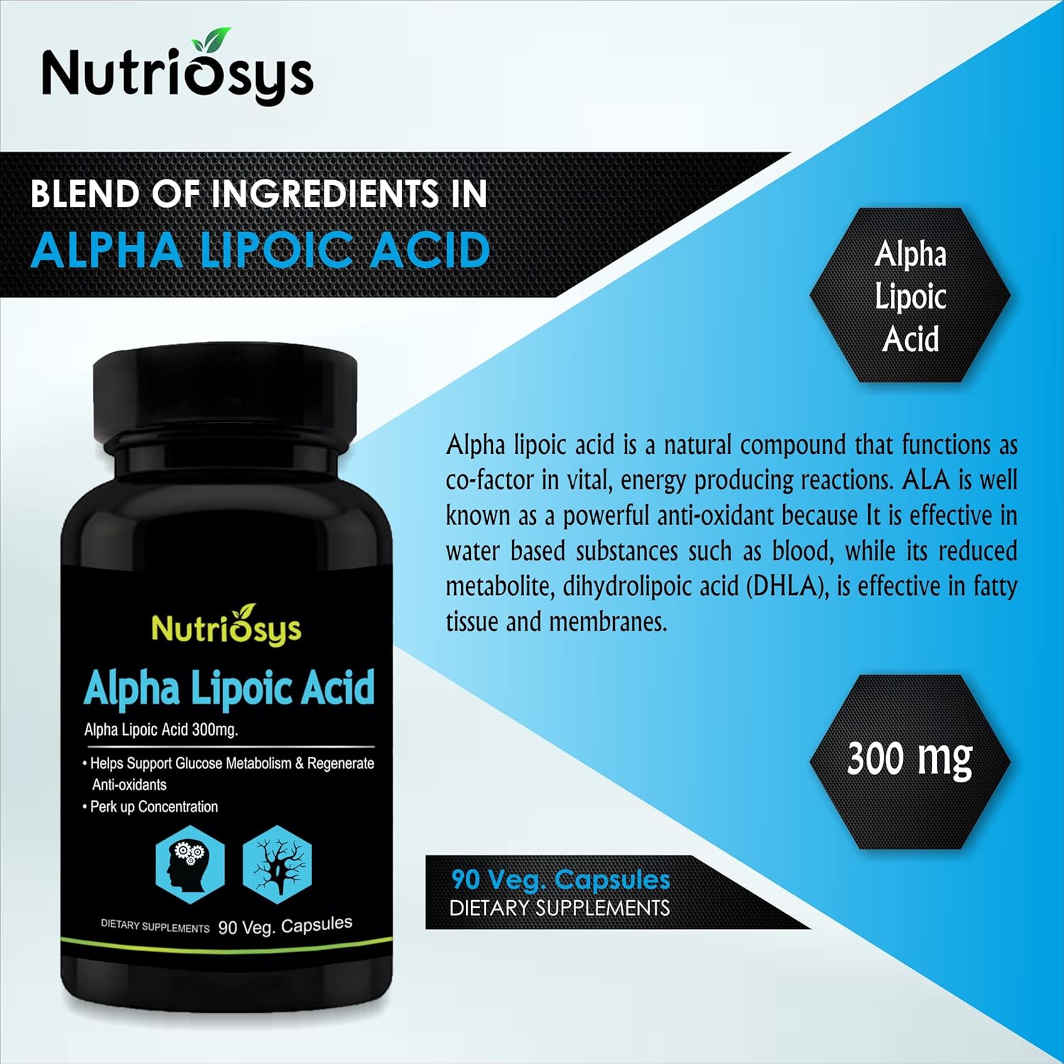 High Potency Nutriosys Alpha Lipoic Acid Supplement - 300mg - 90 Vegetarian Capsules