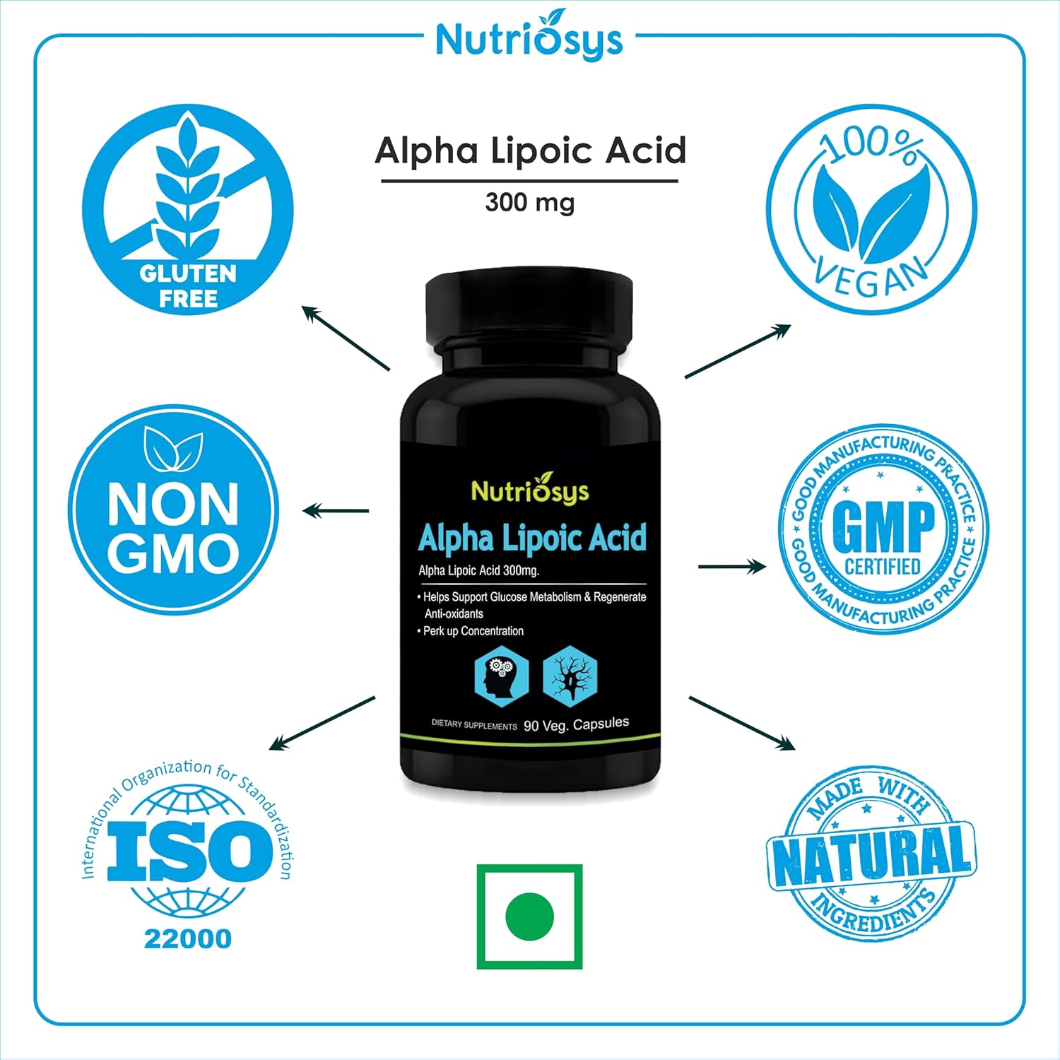 High Potency Nutriosys Alpha Lipoic Acid Supplement - 300mg - 90 Vegetarian Capsules