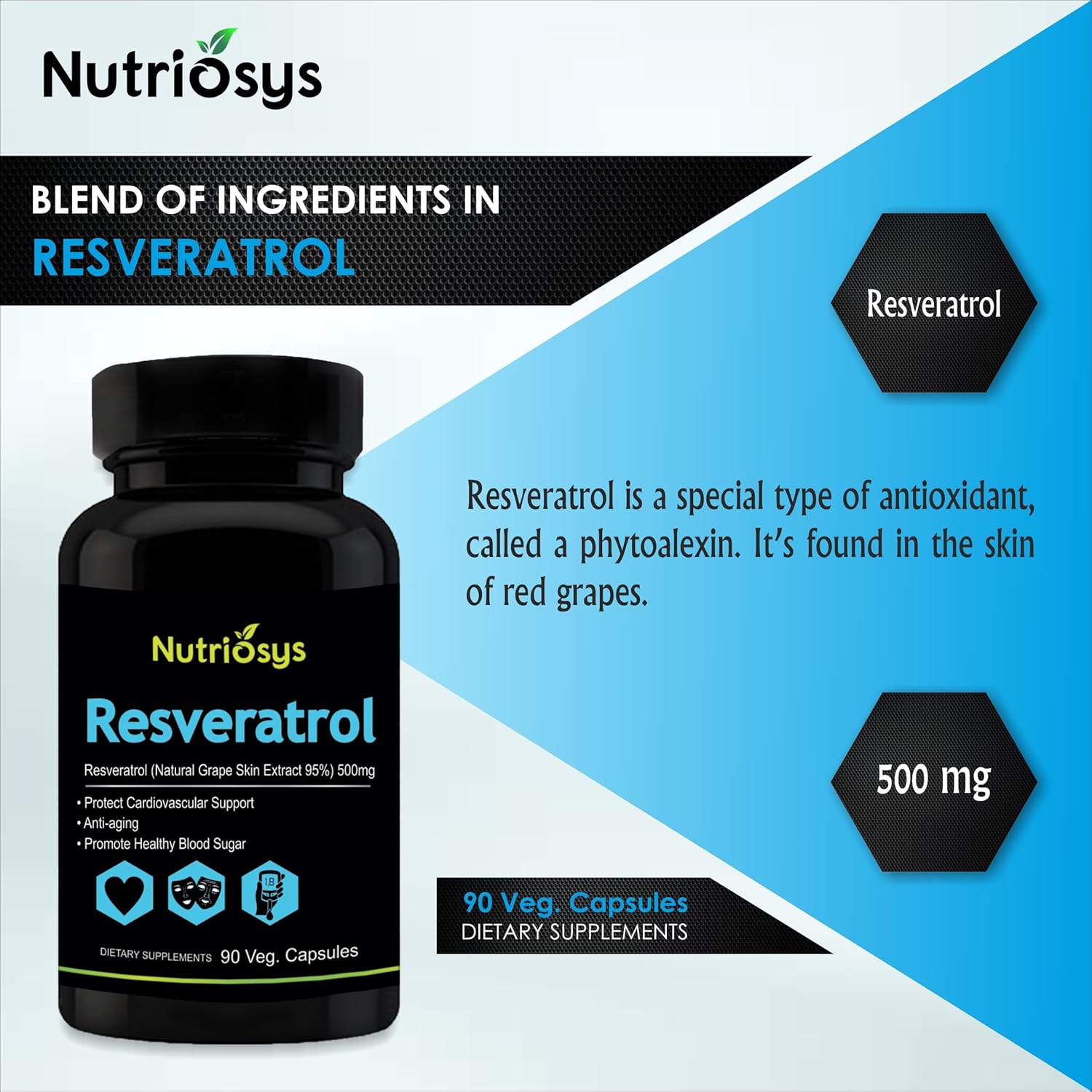 High Potency Nutriosys Resveratrol Supplement - 500mg, 90 Vegetarian Capsules