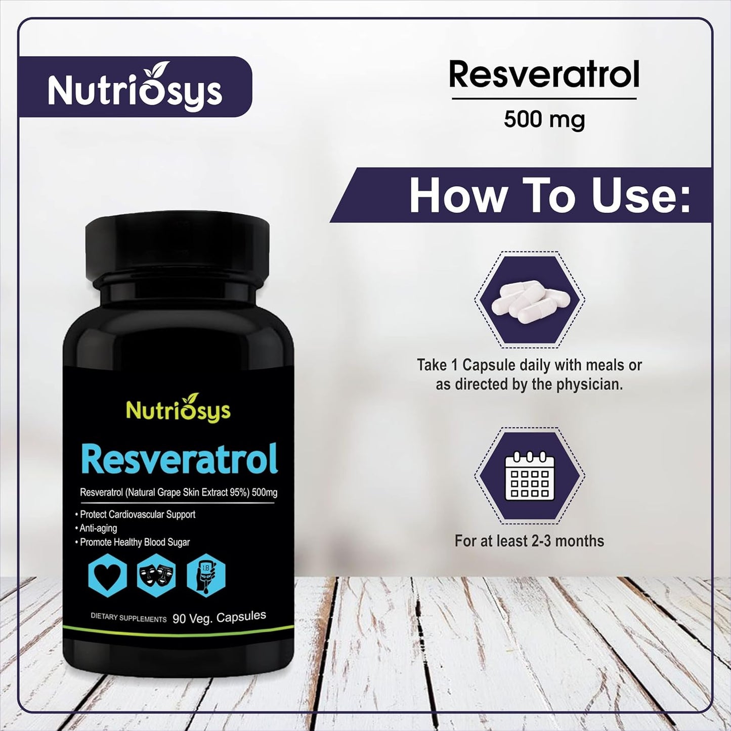 High Potency Nutriosys Resveratrol Supplement - 500mg, 90 Vegetarian Capsules