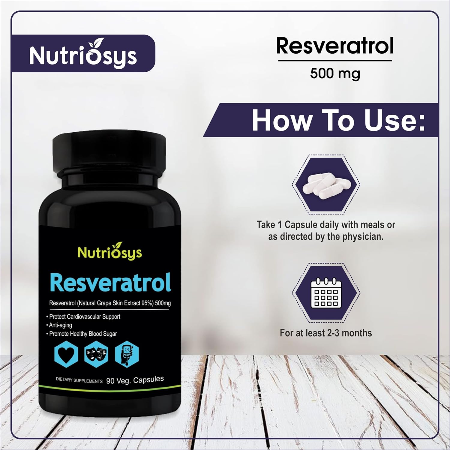 High Potency Nutriosys Resveratrol Supplement - 500mg, 90 Vegetarian Capsules
