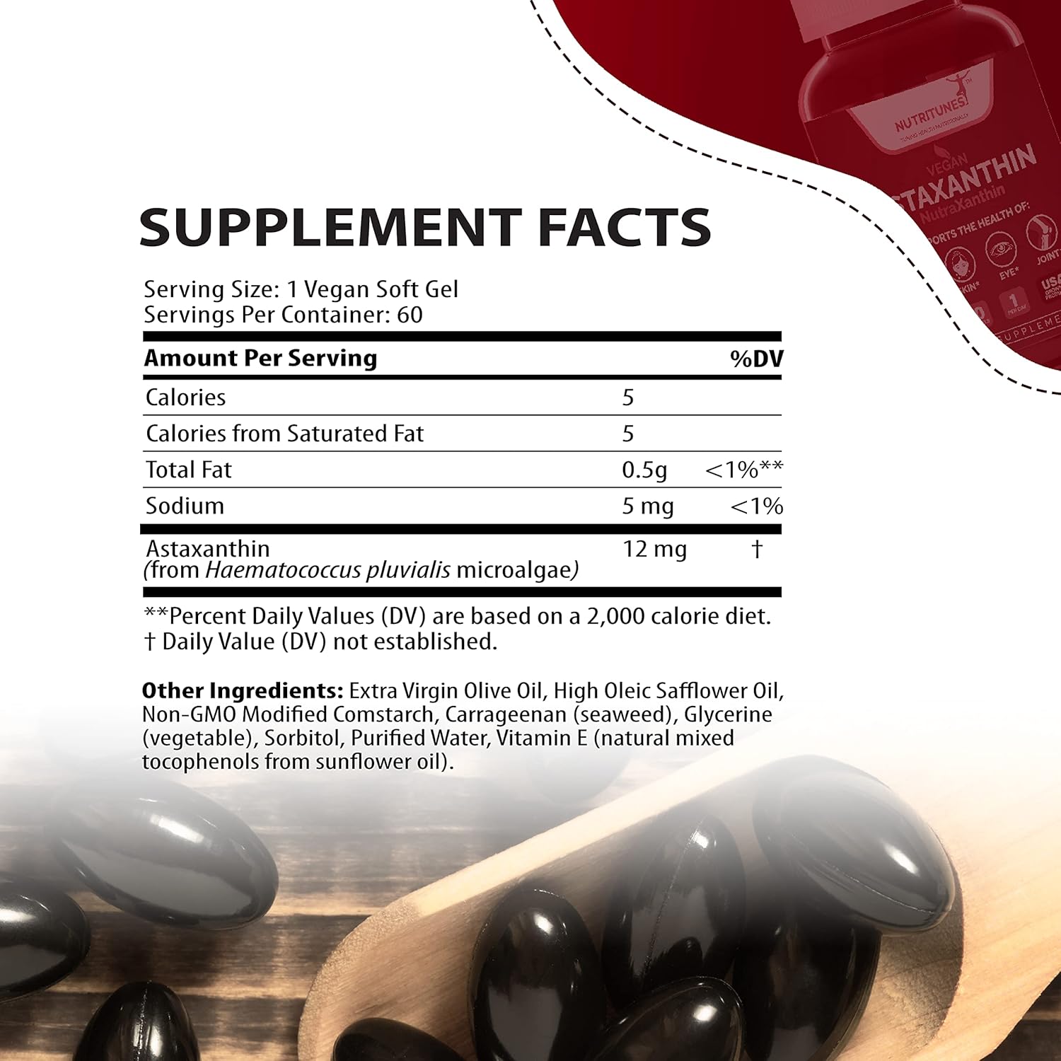 High Potency Nutritunes Astaxanthin 12mg Softgels for Skin, Eye & Immune Support - Non-GMO, Gluten-Free, 60 Vegan Softgels