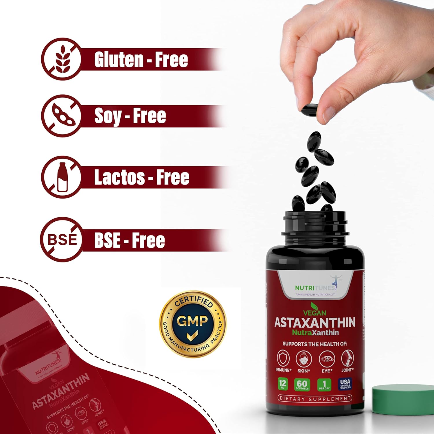 High Potency Nutritunes Astaxanthin 12mg Softgels for Skin, Eye & Immune Support - Non-GMO, Gluten-Free, 60 Vegan Softgels