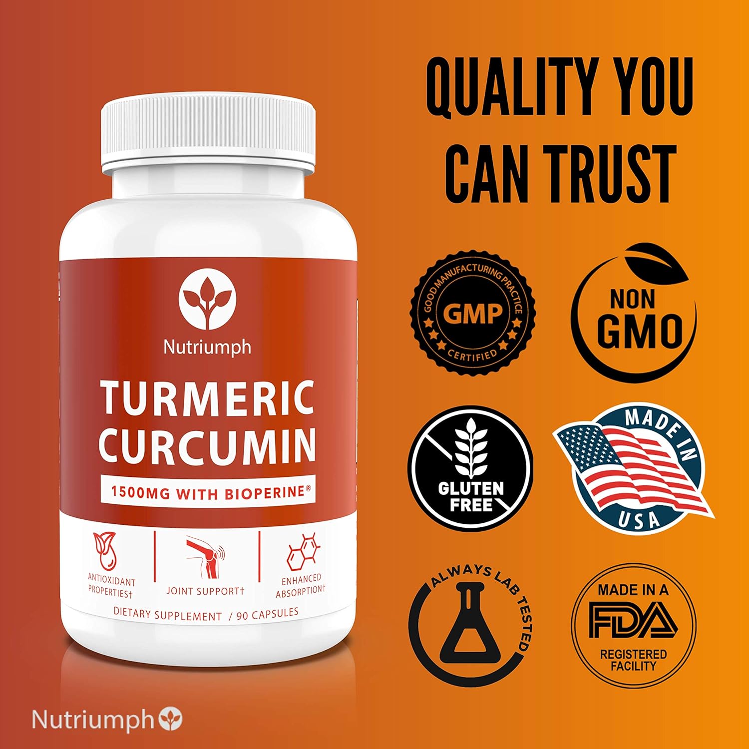High Potency Nutriumph Turmeric Curcumin Capsules with Bioperine for Enhanced Absorption - 90 Capsules, 1500mg Premium Ingredients