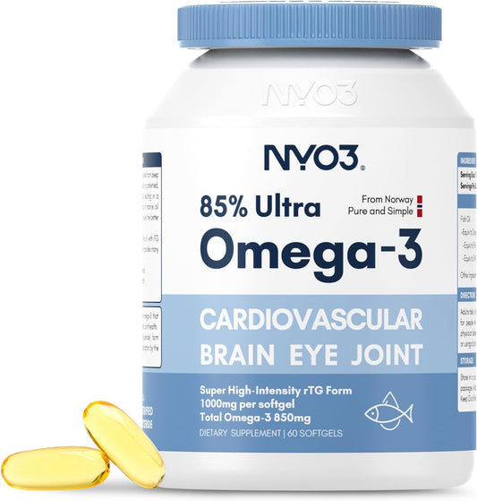 High-Potency NYO3 Omega 3 Fish Oil Softgels - 1000mg, 60 Day Supply, Burpless Wild-Caught Fish Oil Supplement with EPA & DHA