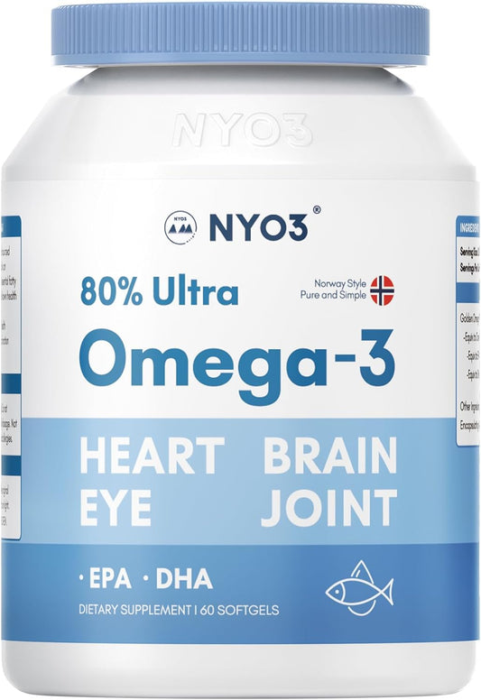 High Potency NYO3 Omega-3 Fish Oil Supplement, 2000mg Burpless Fish Oil with 800mg EPA and 600mg DHA, 60 Softgels for Health Support