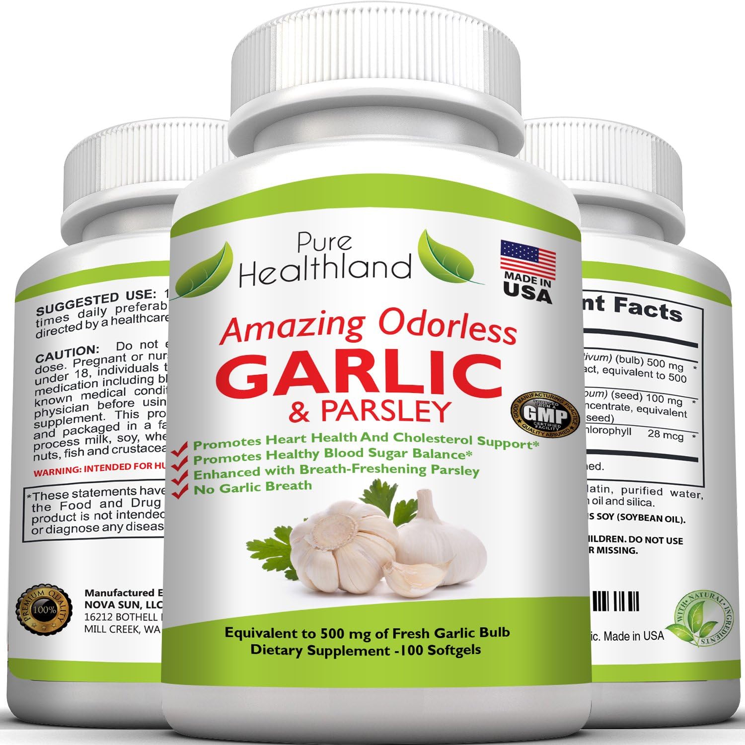 High Potency Odorless Garlic and Parsley Softgels for Men and Women - 500mg Allium Sativum Supplement - Made in USA
