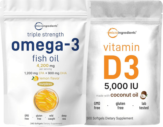 High Potency Omega-3 Fish Oil 4,200mg & Vitamin D3 5,000 IU Bundle Pack | Wild-Caught, Lemon Flavored, Burpless | Cholecalciferol
