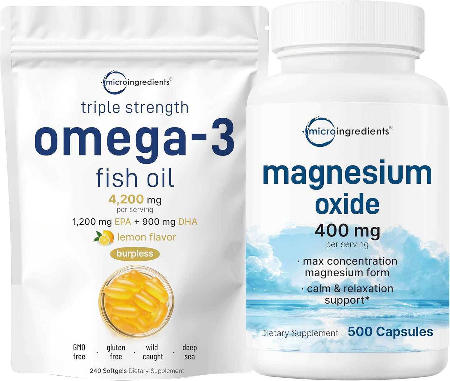 High Potency Omega-3 Fish Oil and Magnesium Oxide Bundle Pack | Lemon Flavored, Burpless, Wild-Caught Fish | Max Concentration Elemental Formulas