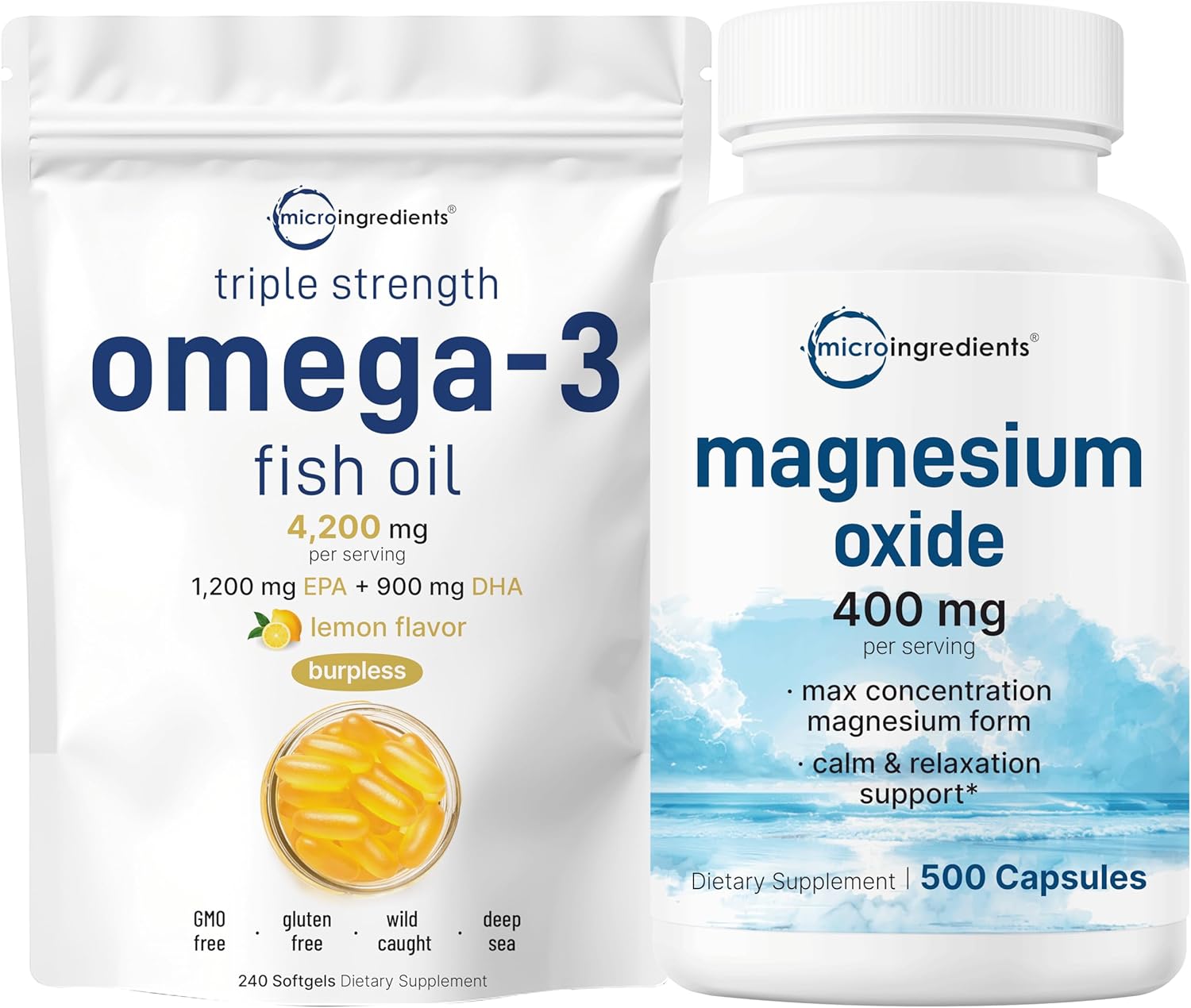 High Potency Omega-3 Fish Oil and Magnesium Oxide Bundle Pack | Lemon Flavored, Burpless, Wild-Caught Fish | Max Concentration Elemental Formulas