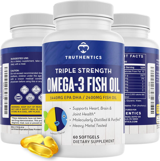 High Potency Omega-3 Fish Oil Supplement - 2400 mg Triple Strength, Lemon Flavor Softgels for Men & Women - Burp-Free Formula