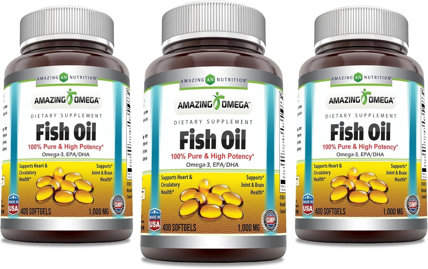 High Potency Omega-3 Fish Oil Supplement Softgels | 1000 mg, 180 mg EPA, 120 mg DHA | Amazing Nutrition (400 Count, 3 Pack)