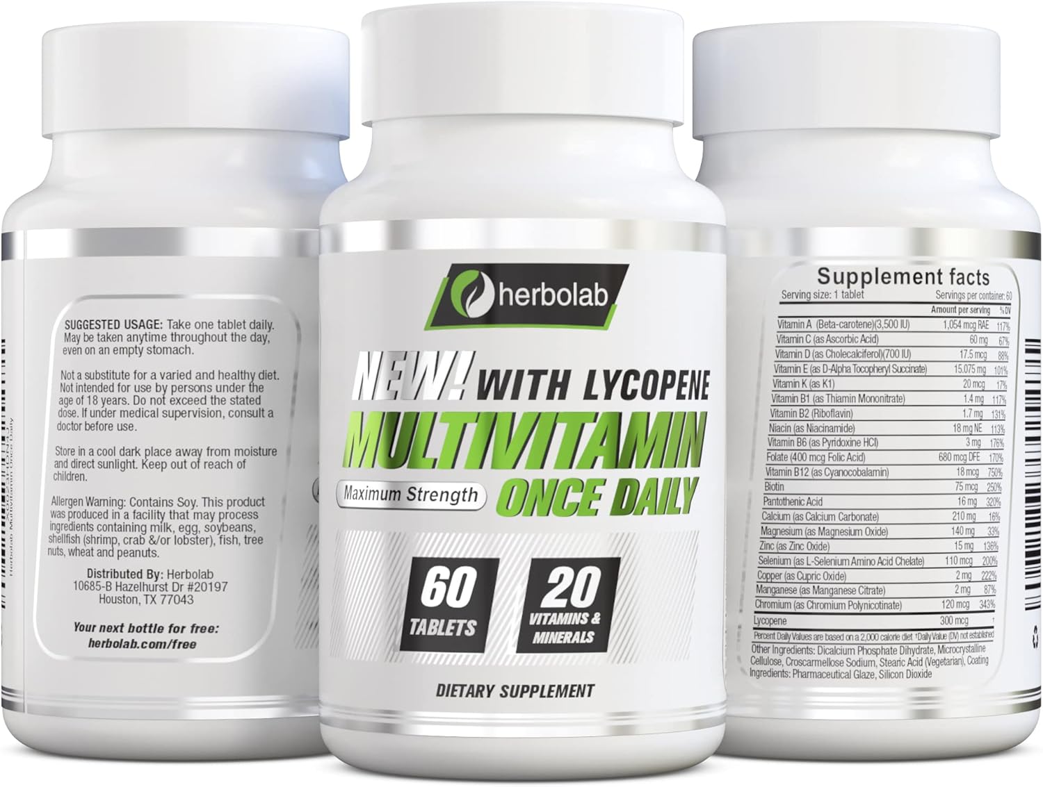 High Potency Once Daily Multivitamin with Essential Vitamins and Minerals, 60 Tablets for 2 Months Supply by herbolab