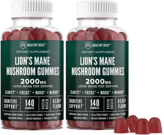 High Potency Organic Lions Mane Mushroom Gummies for Adults - 280 Count Chewables, Supports Mental Clarity, Focus, Mood - 2000mg Extract - 2 Pack - BoostGo Australia