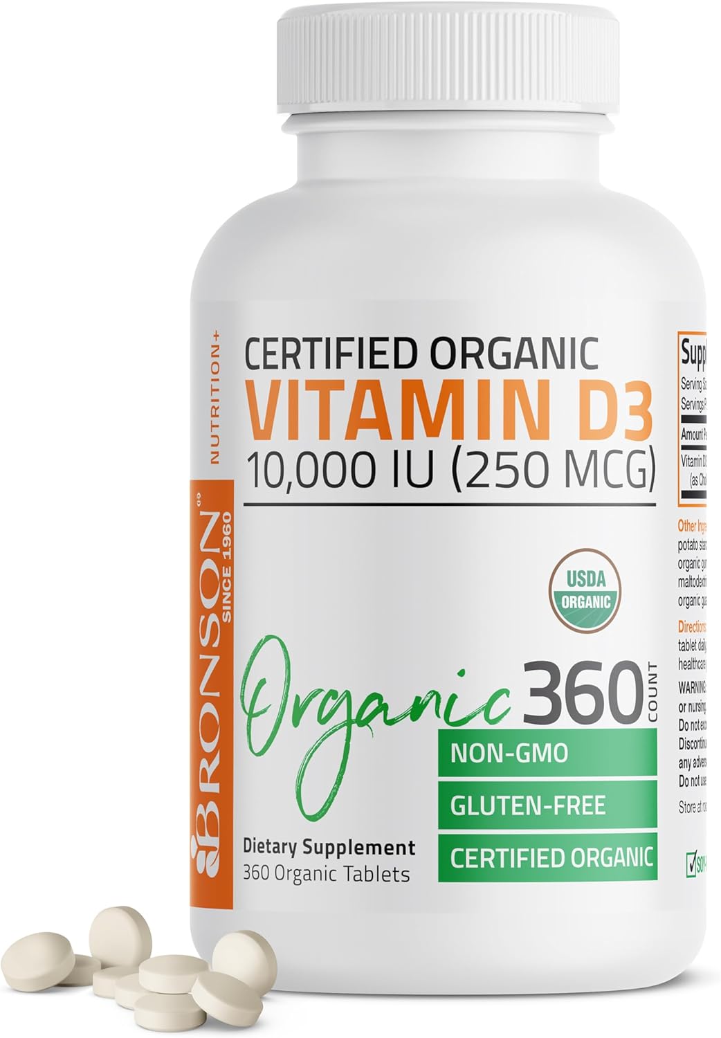 High Potency Organic Non-GMO Vitamin D3 10,000 IU Supplement for Immune & Bone Health, 360 Tablets