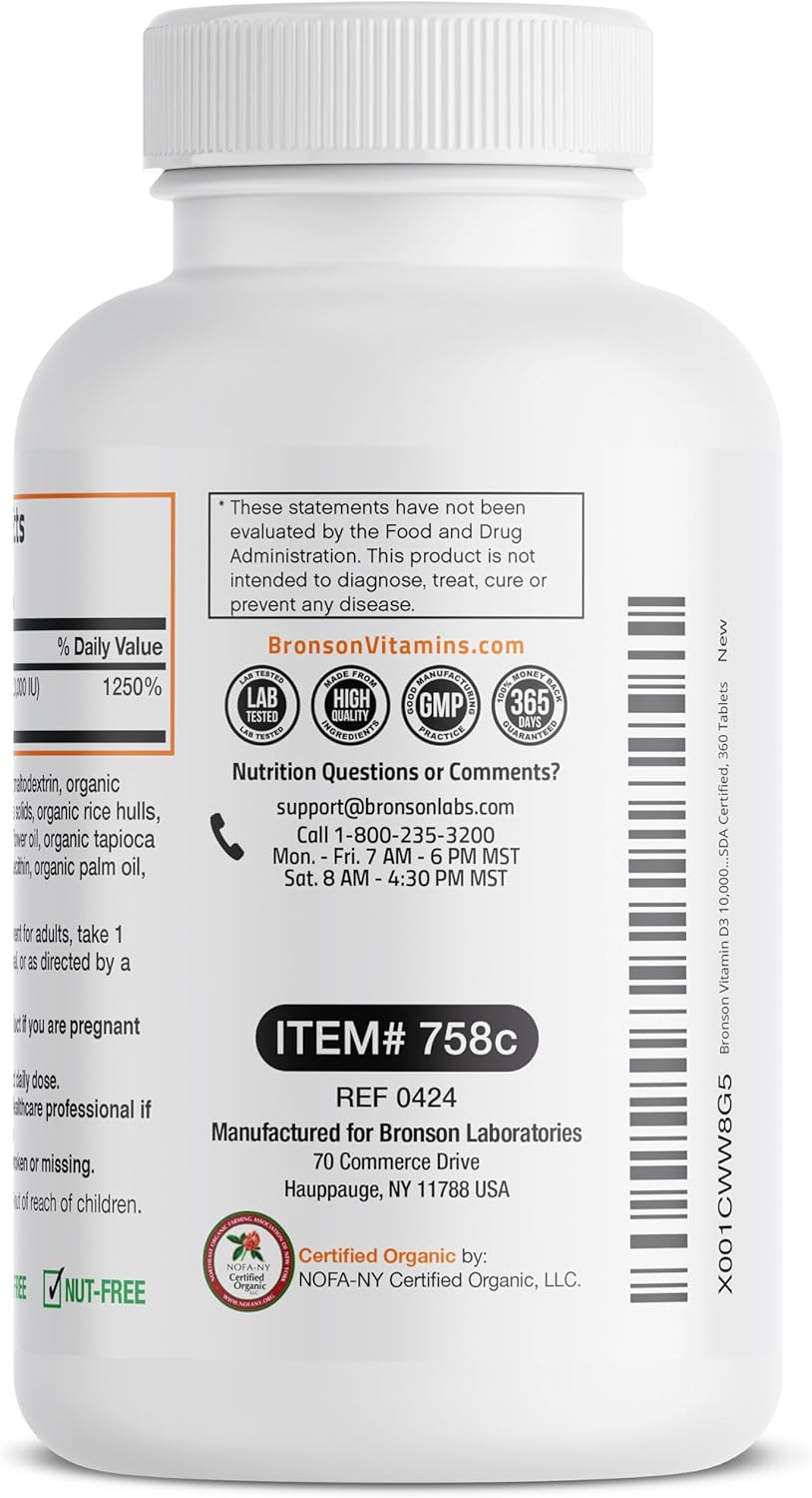 High Potency Organic Non-GMO Vitamin D3 10,000 IU Supplement for Immune & Bone Health, 360 Tablets