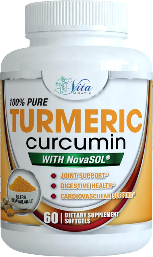 High Potency Organic Turmeric Curcumin Capsules with NovaSOL for Optimal Absorption - 1000mg Supplement (60 Count)