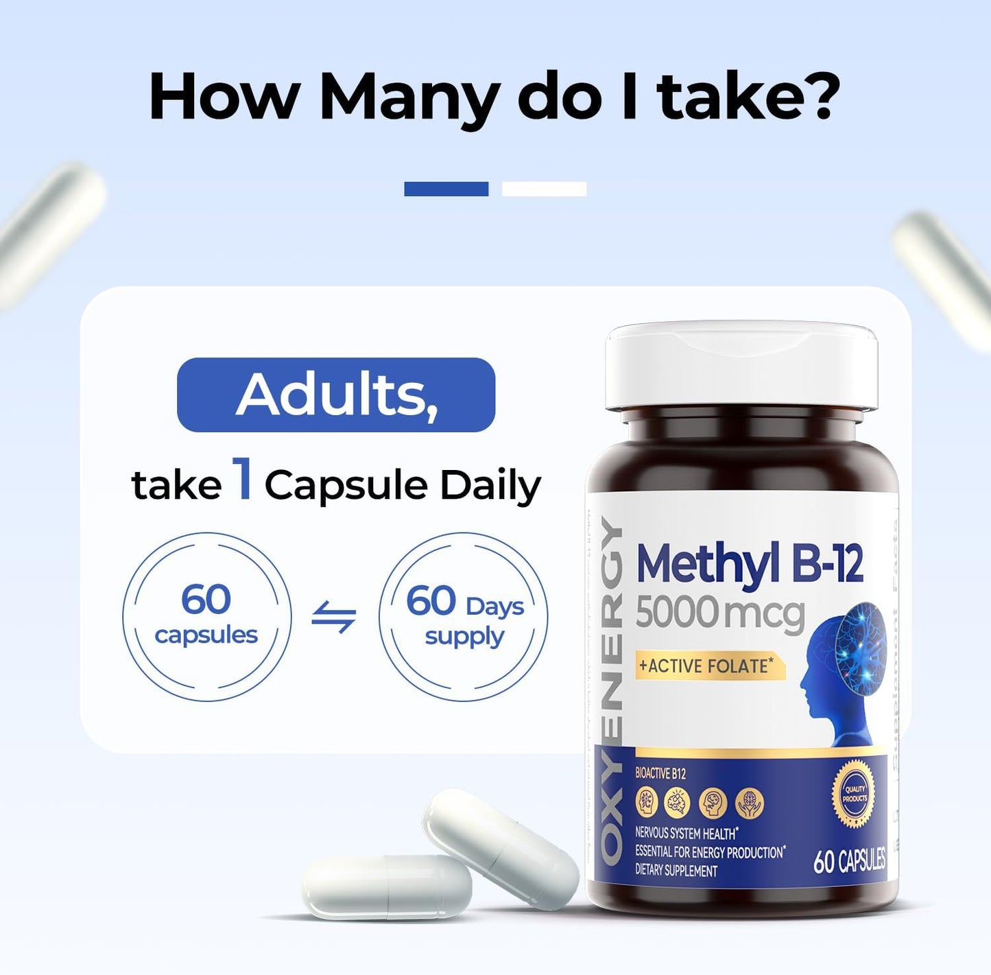 High Potency OxyEnergy Vitamin B12 Supplement with Folate - 5000mcg Methyl B-12 for Energy & Cognitive Support - 120 Capsules, 2 Month Supply