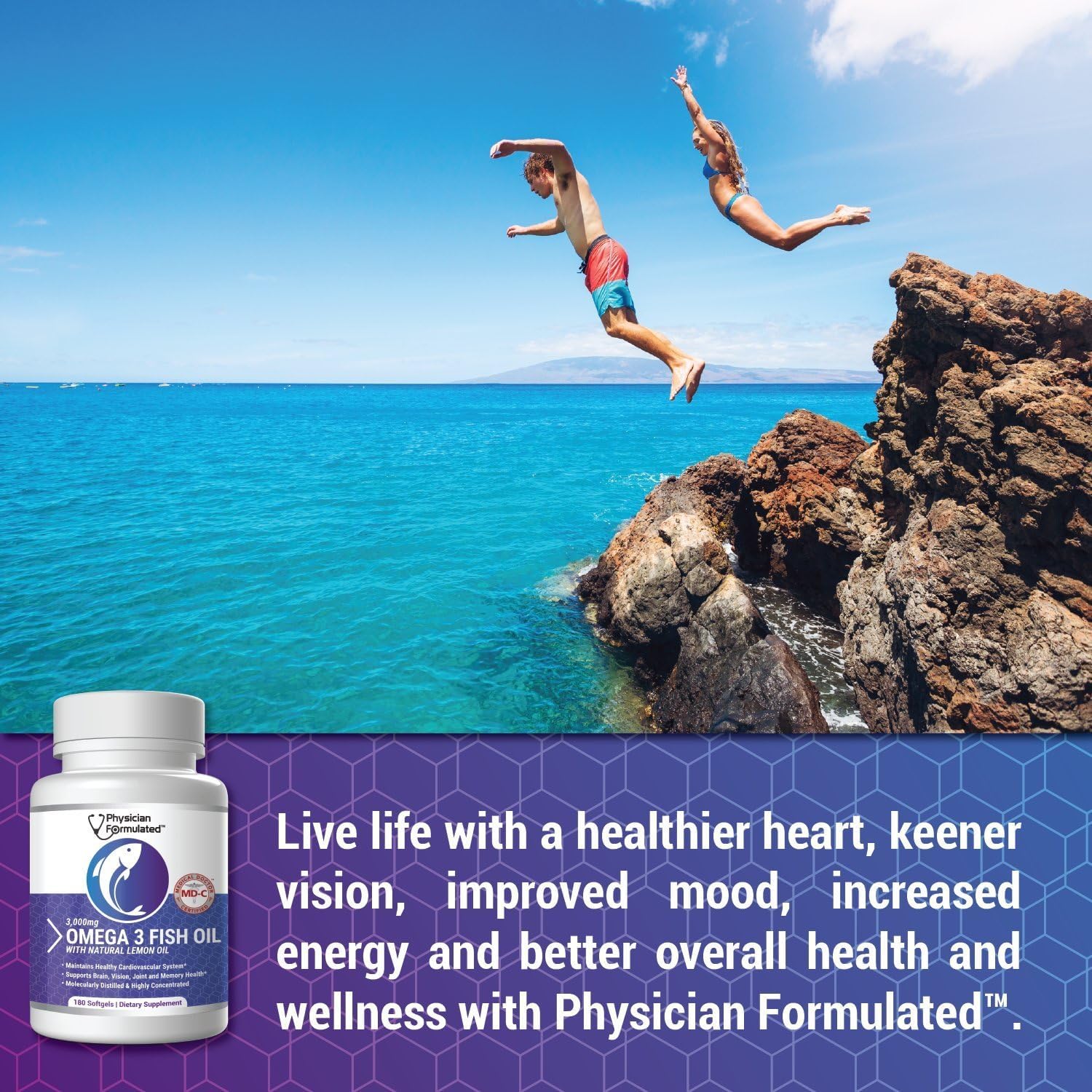 High Potency Physician Formulated Fish Oil Omega 3 Supplement - 3000mg per Serving with EPA, DHA, and Total Omega 3 6 9 - 180 Capsules