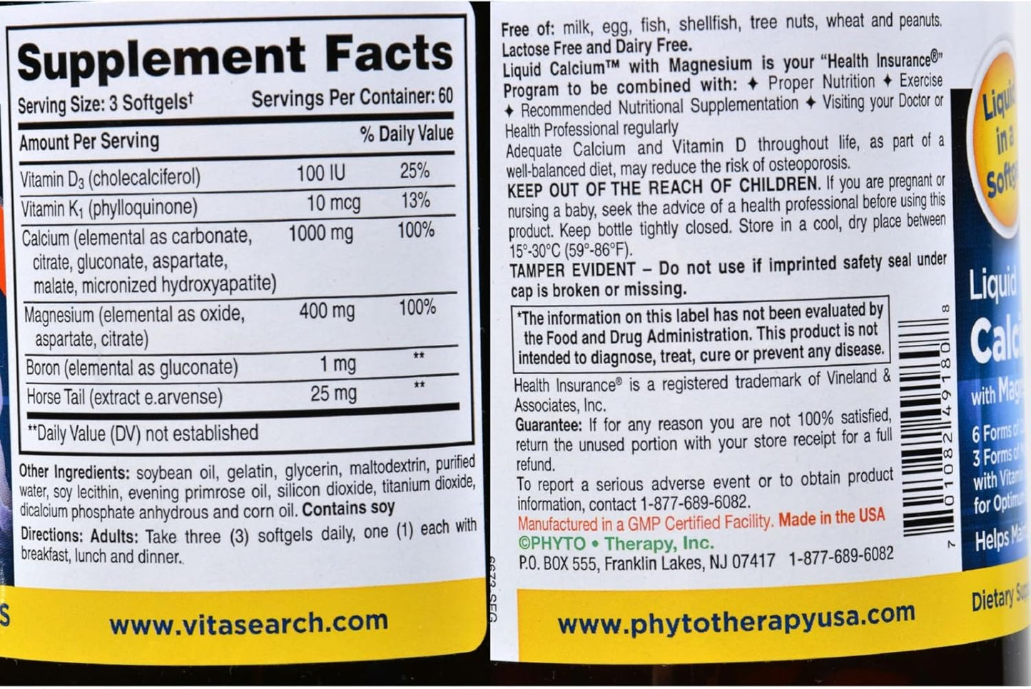 High Potency Phyto-Therapy Liquid Calcium with Magnesium Softgels - 1000 mg - 180 Count