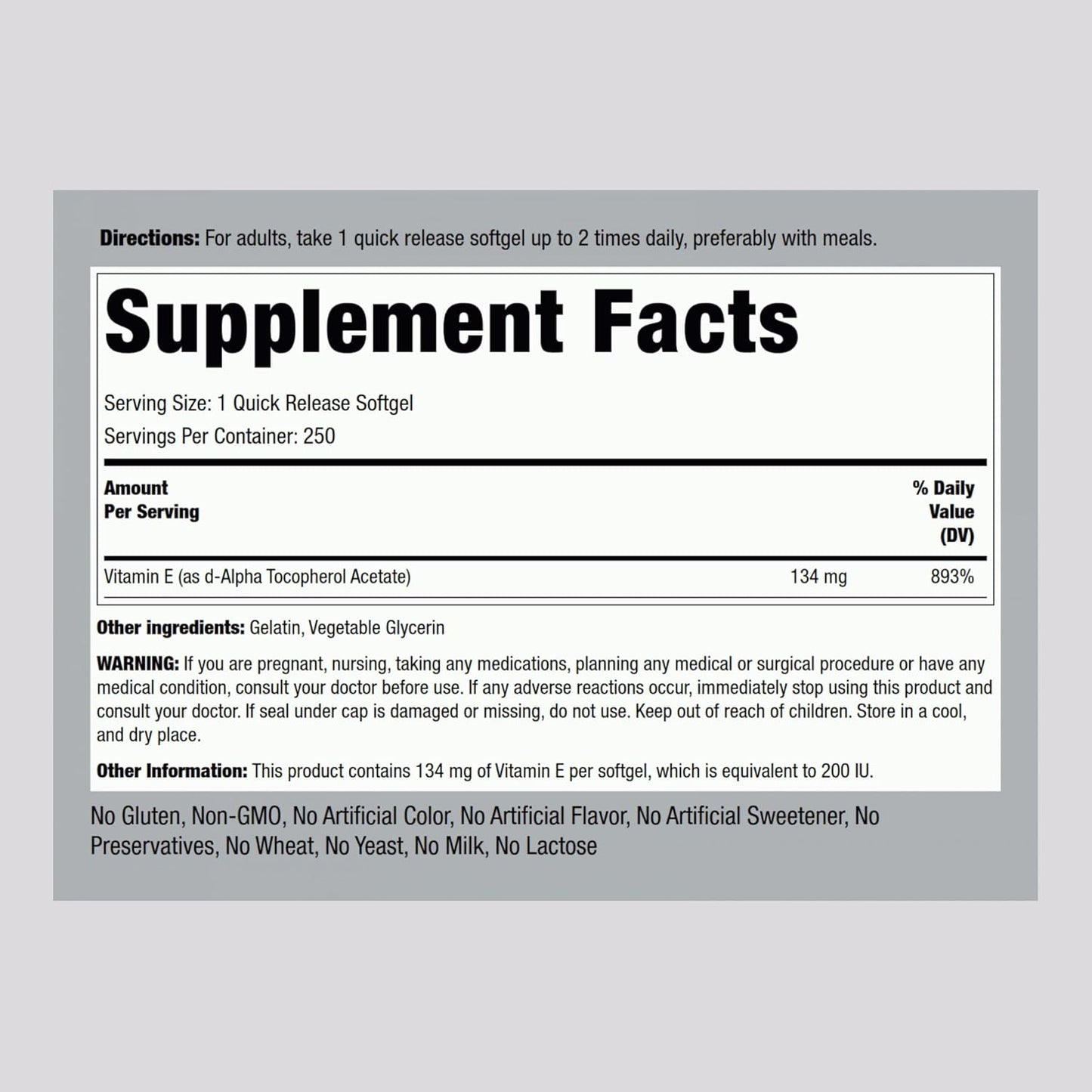High-Potency Piping Rock Vitamin E 200 IU Softgel Capsules - Non-GMO, Gluten Free - 250 Count