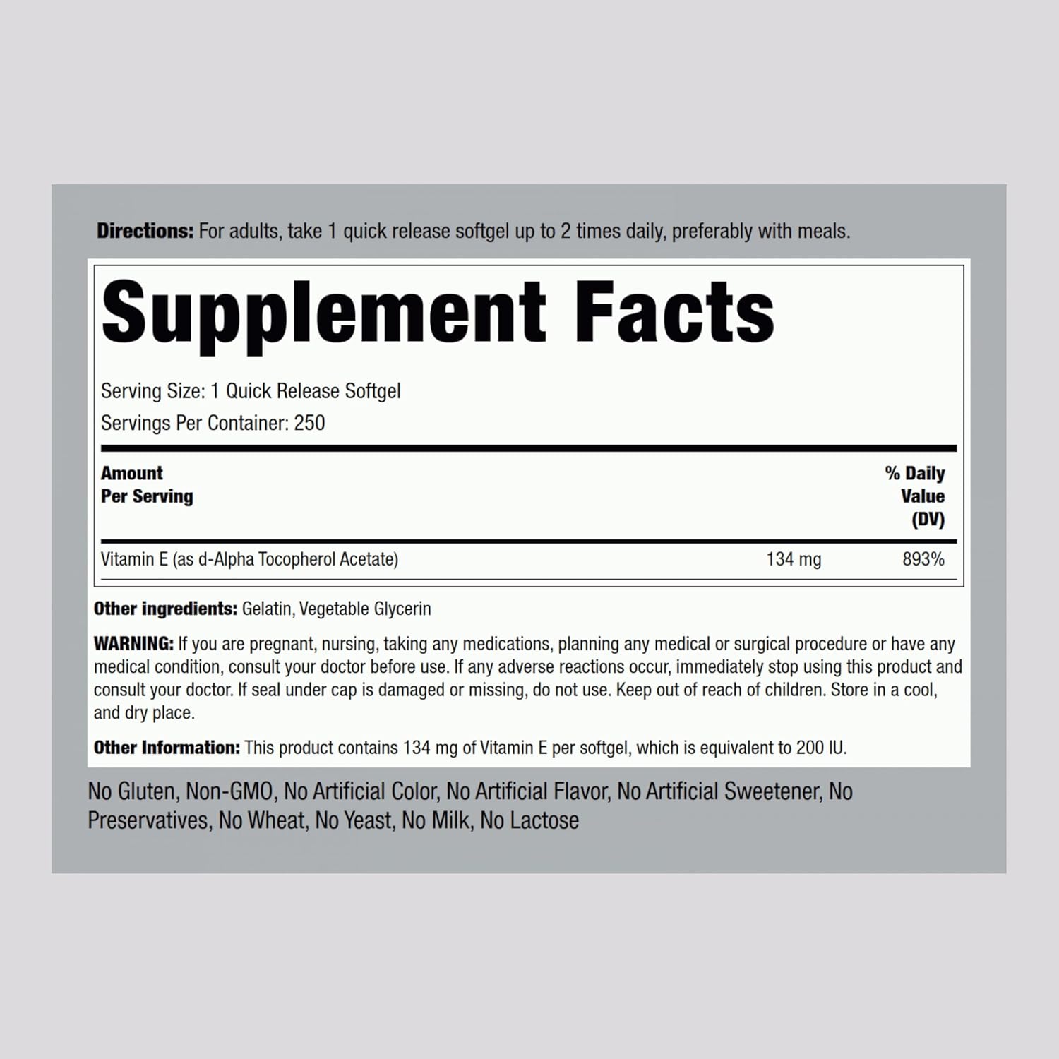 High-Potency Piping Rock Vitamin E 200 IU Softgel Capsules - Non-GMO, Gluten Free - 250 Count