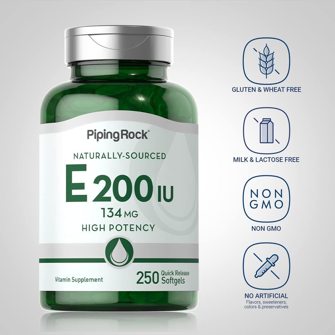 High-Potency Piping Rock Vitamin E 200 IU Softgel Capsules - Non-GMO, Gluten Free - 250 Count