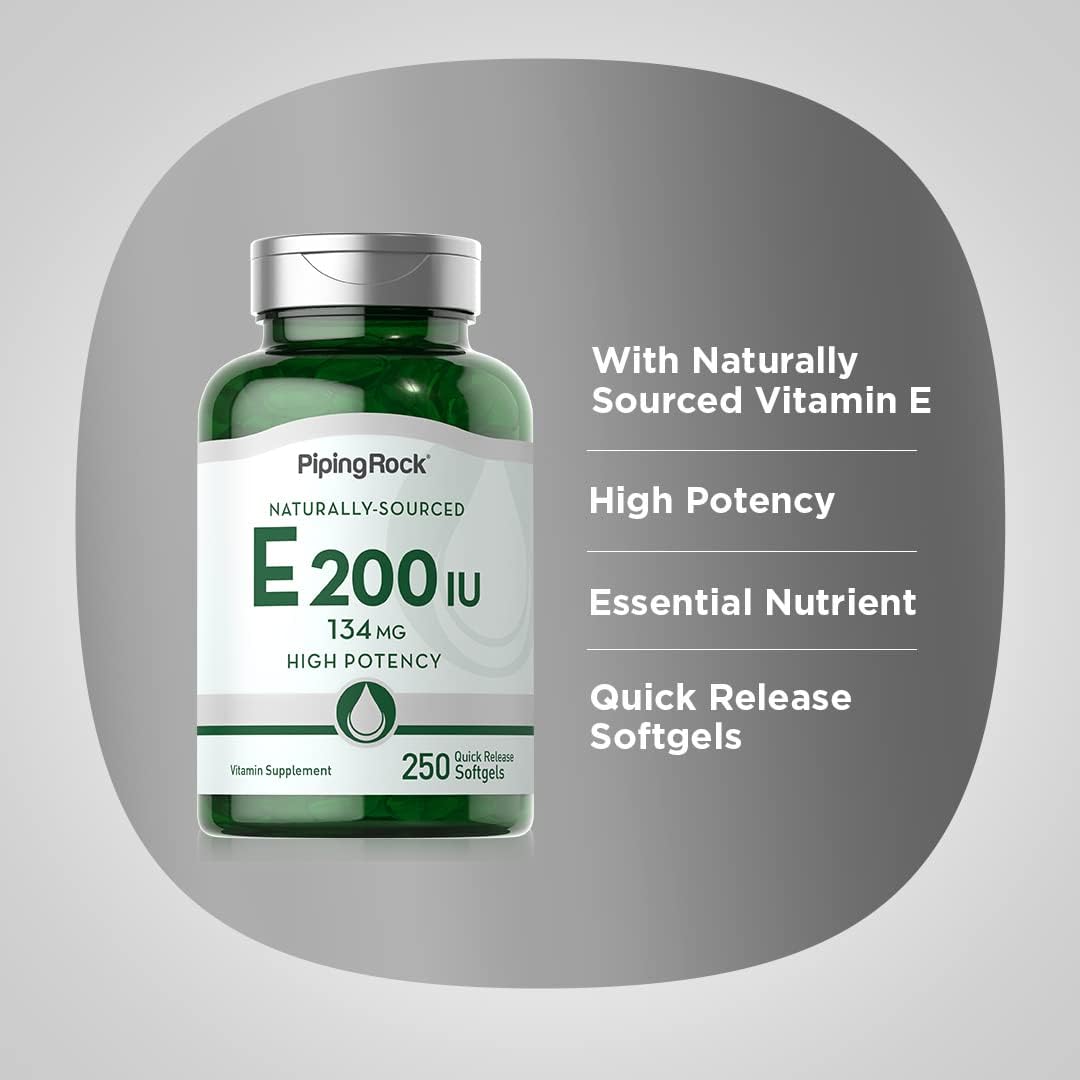 High-Potency Piping Rock Vitamin E 200 IU Softgel Capsules - Non-GMO, Gluten Free - 250 Count