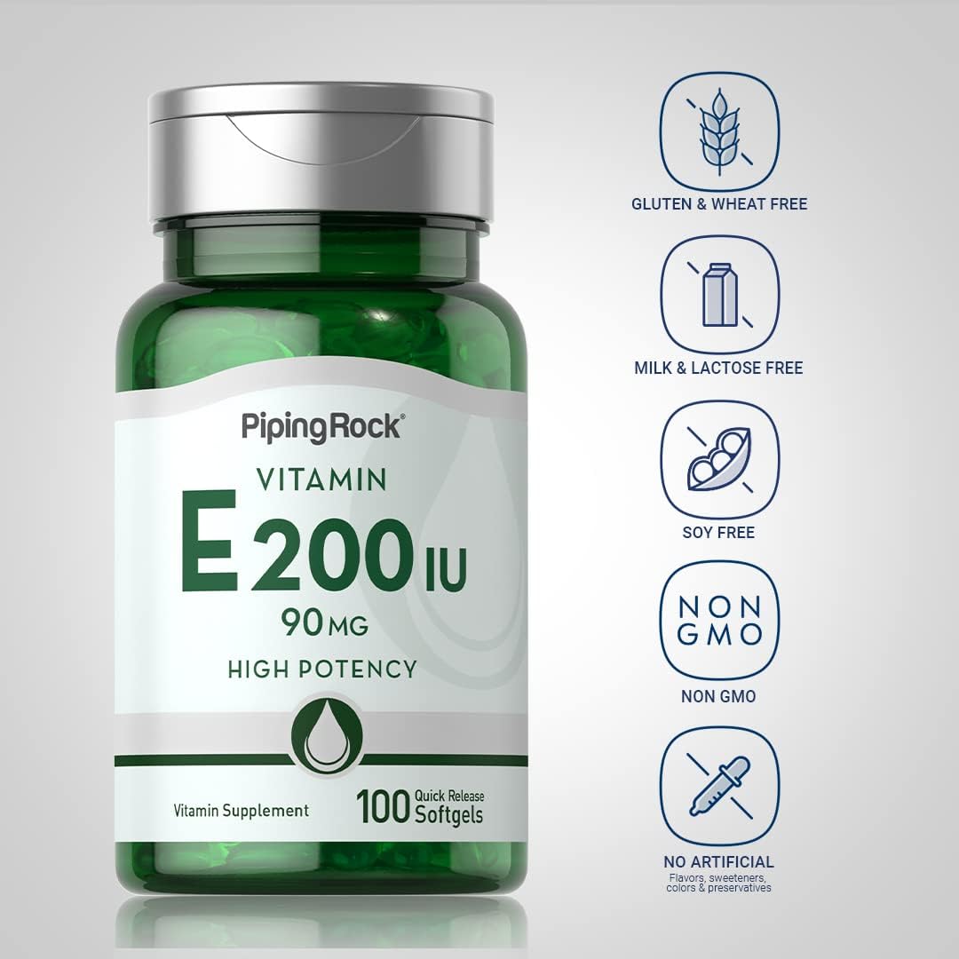 High Potency Piping Rock Vitamin E Softgel Capsules - 200 IU (90mg) - Non-GMO & Gluten Free - 100 Count