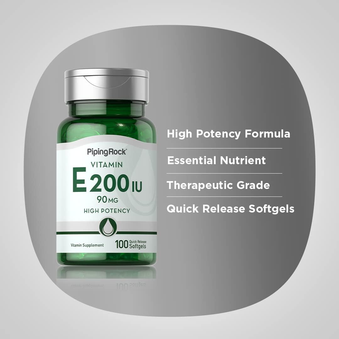 High Potency Piping Rock Vitamin E Softgel Capsules - 200 IU (90mg) - Non-GMO & Gluten Free - 100 Count