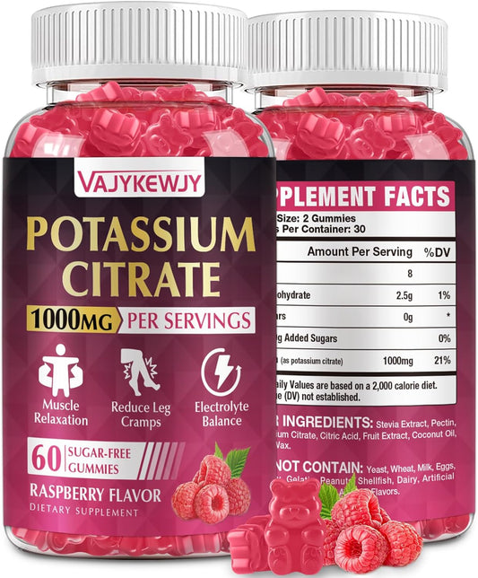 High Potency Potassium Citrate Gummies (1000mg) for Leg Cramps & Muscle Health - Vegan & Non-GMO - 60 Count