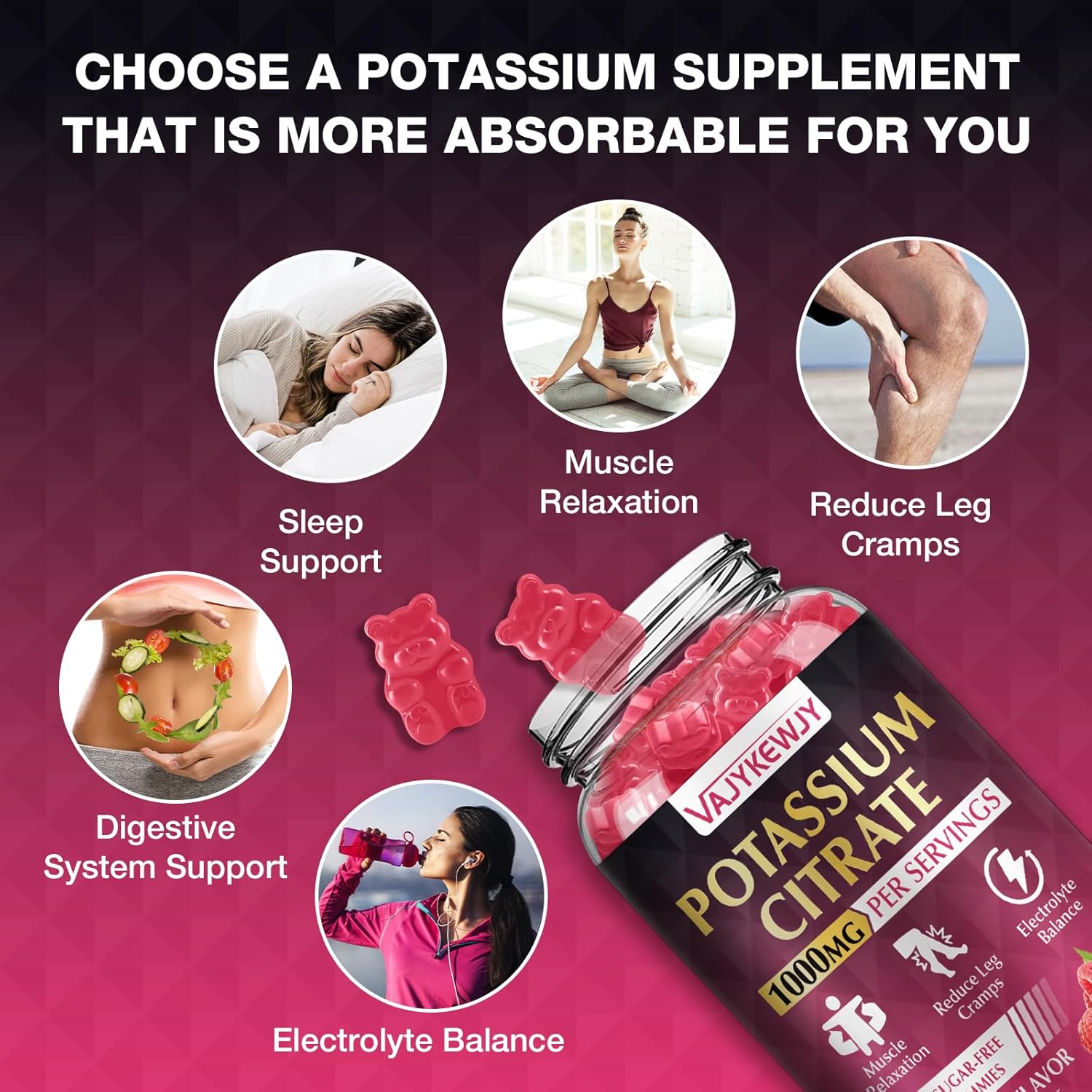 High Potency Potassium Citrate Gummies (1000mg) for Leg Cramps & Muscle Health - Vegan & Non-GMO - 60 Count