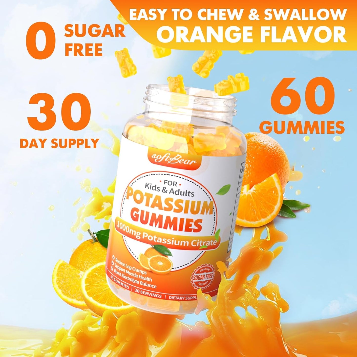 High Potency Potassium Citrate Gummies for Adults - 1000mg Orange Flavor, Sugar Free, Supports Leg Cramps & Muscle Health - 120 Count