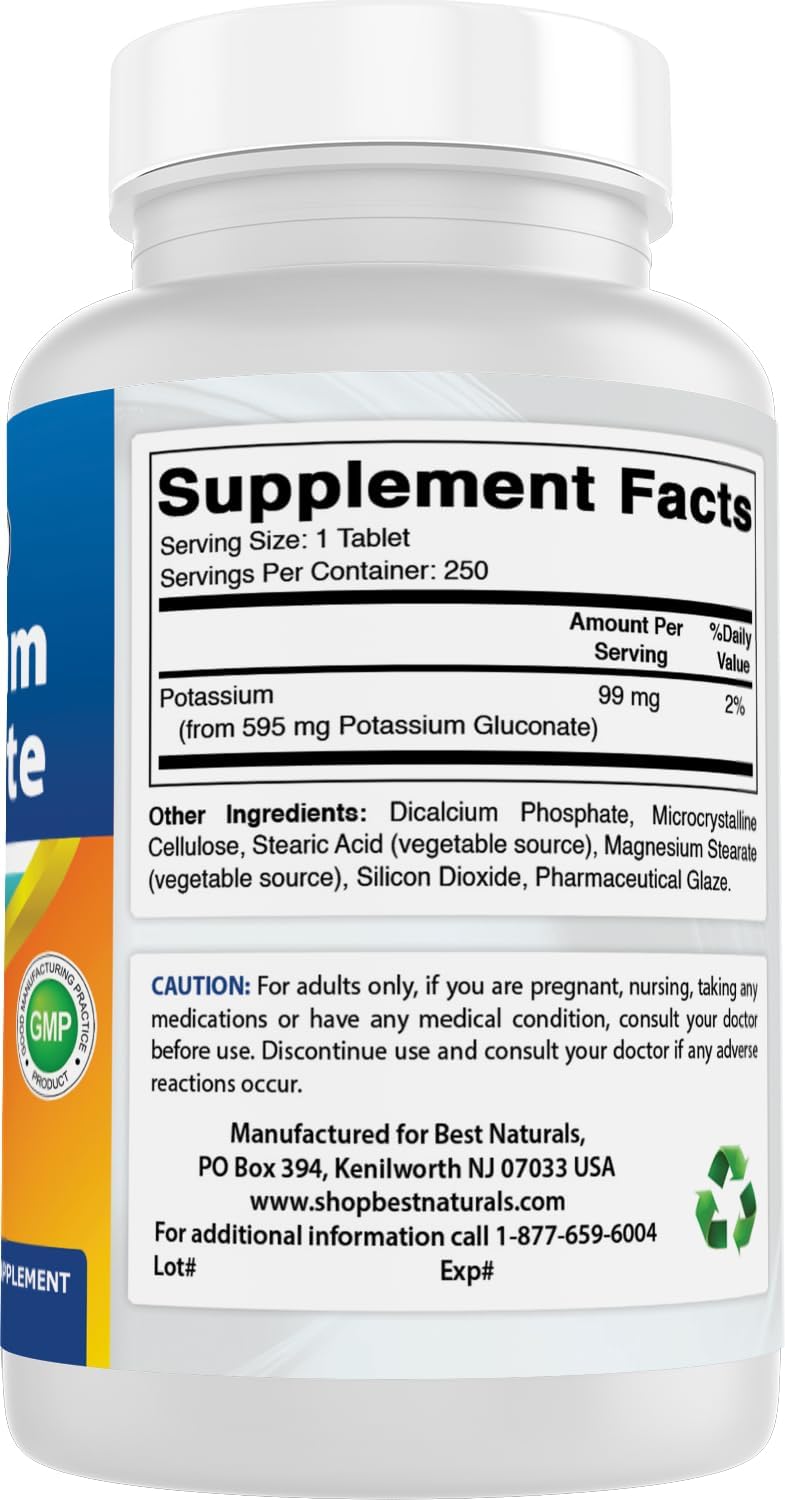 High Potency Potassium Gluconate Tablets - 595 mg, 500 Count (2 Pack) - Best Natural Supplement for Electrolyte Balance and Muscle Function
