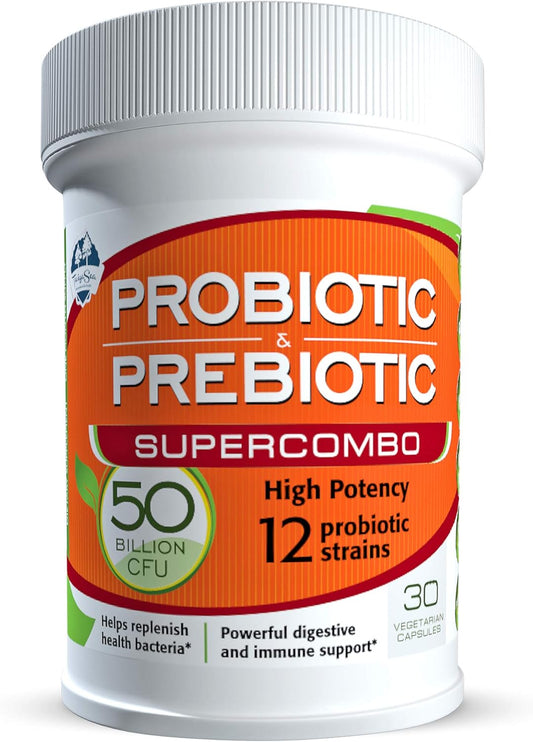 High Potency Prebiotic and Probiotic Supplement for Immune Support and Digestive Health - 30 Veggie Capsules, Non Refrigerated